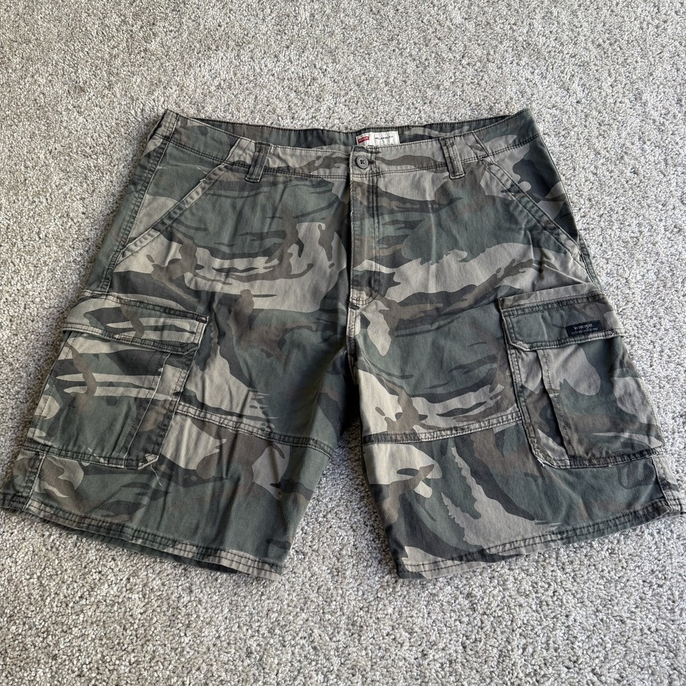Wrangler Cargo Shorts Mens 38 Green Camo Cotton Canvas Relaxed Fit Casual Summer